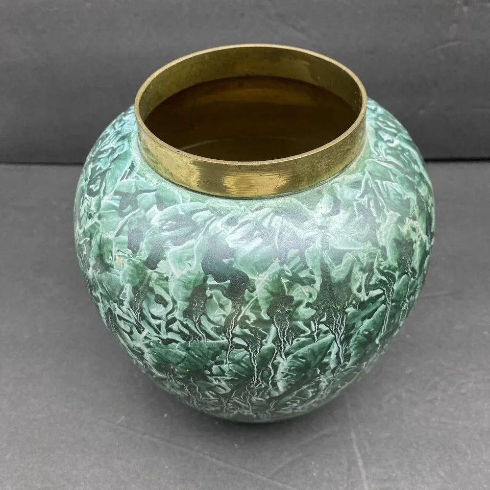 Vintage Brass Vase Green Marbled Abstract Finish Smooth‎ India Boho Artsy 90s